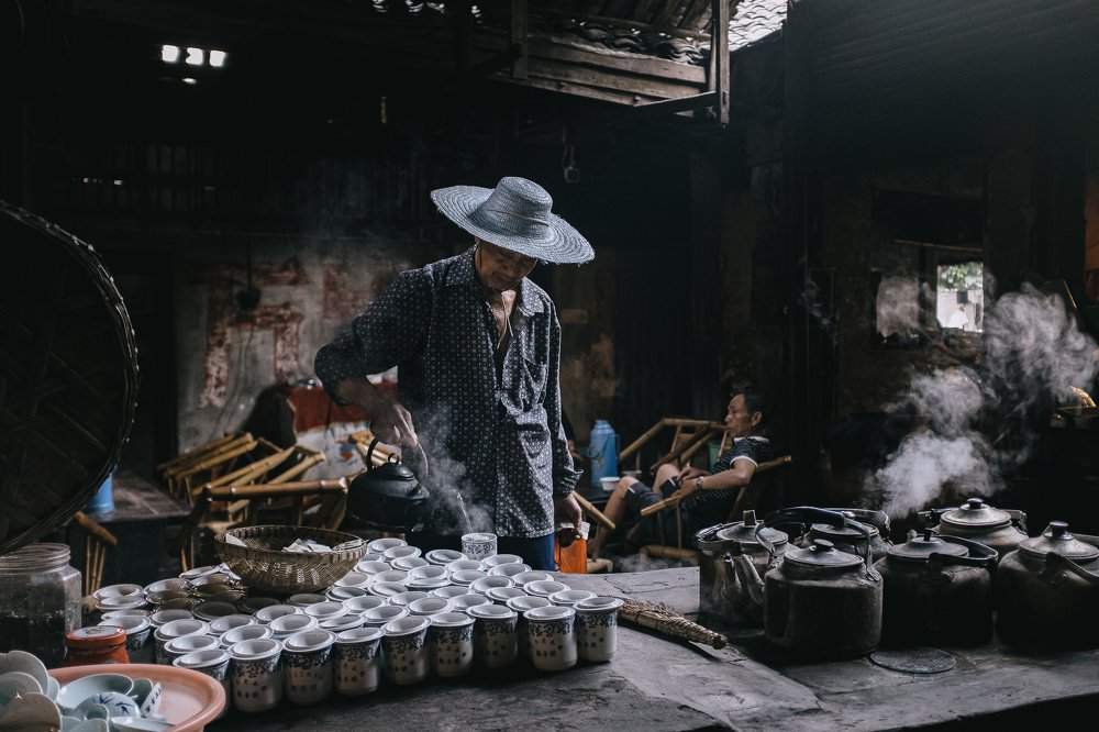 Early morning in an old tea house in China