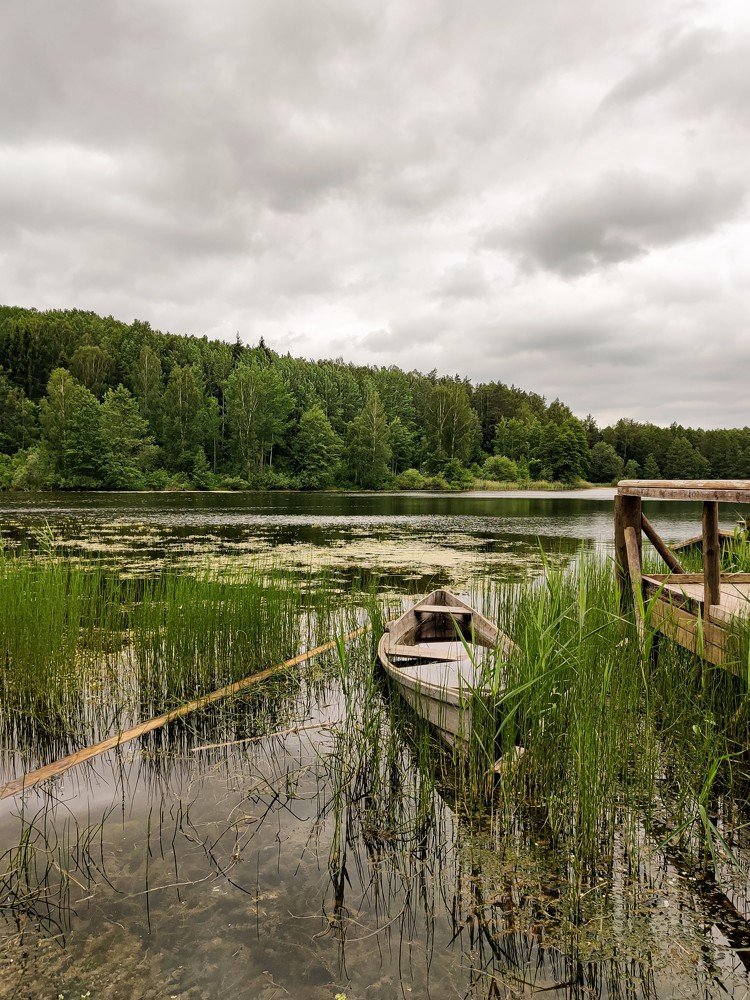 Живописное лесное озеро и лодка, наполненная водой