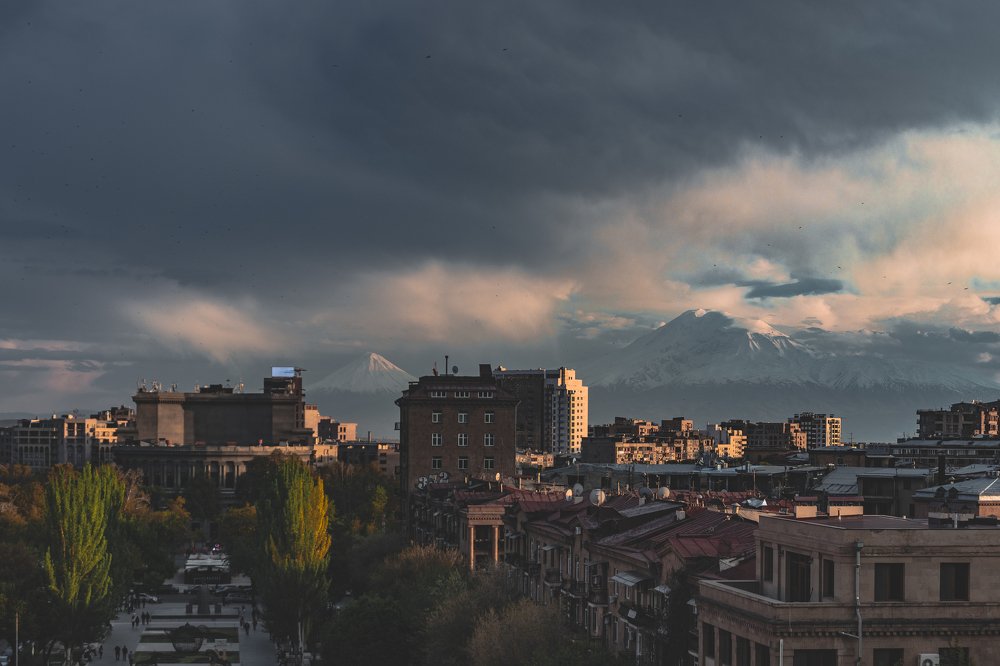 Mount Ararat behind the streets of Yerevan