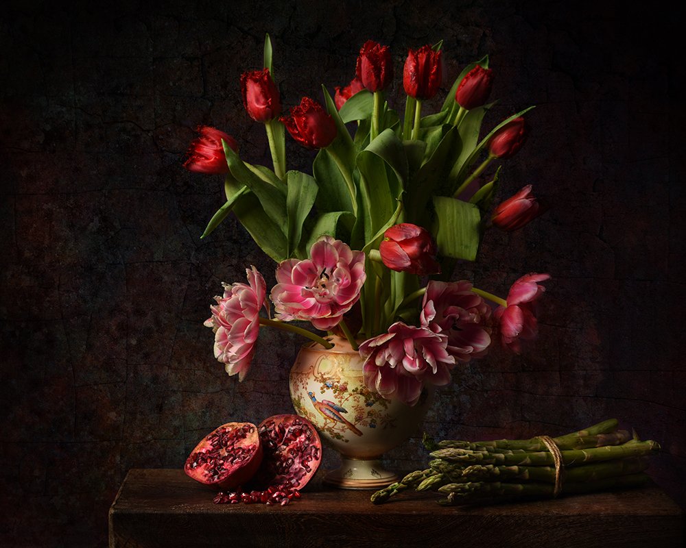 Flower stilllife with tulips and asparagus