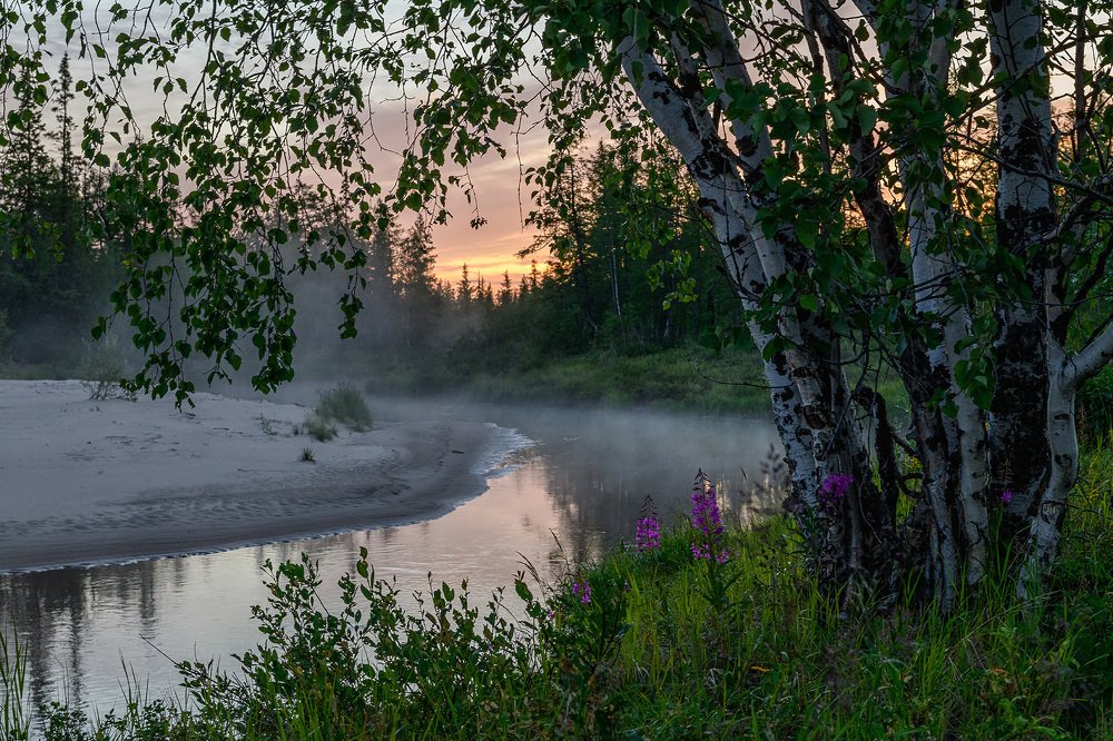 А по-над водою туман расстилается.
