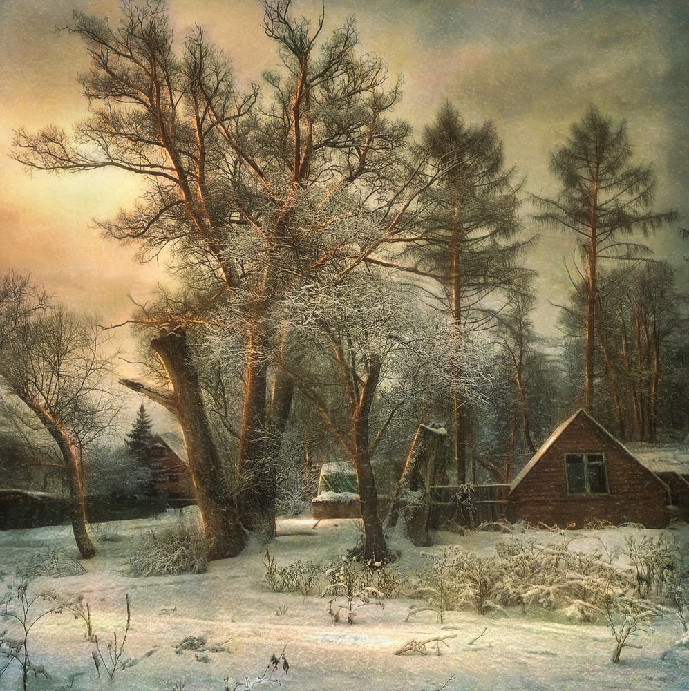 Морозный вечер в деревне.