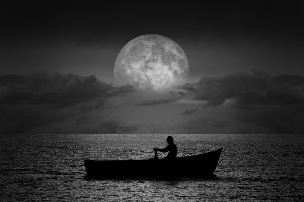 Rowing a boat at full moon!