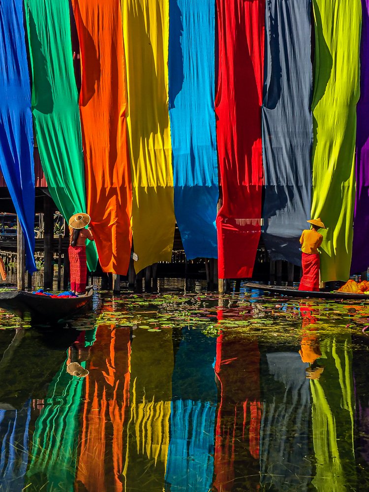 Drying Colorful Lotus fabrics in Myanmar