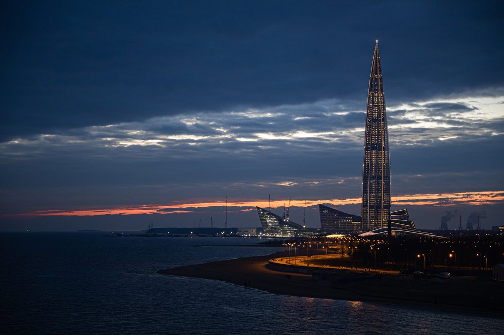 Lakhta Tower after sunset.