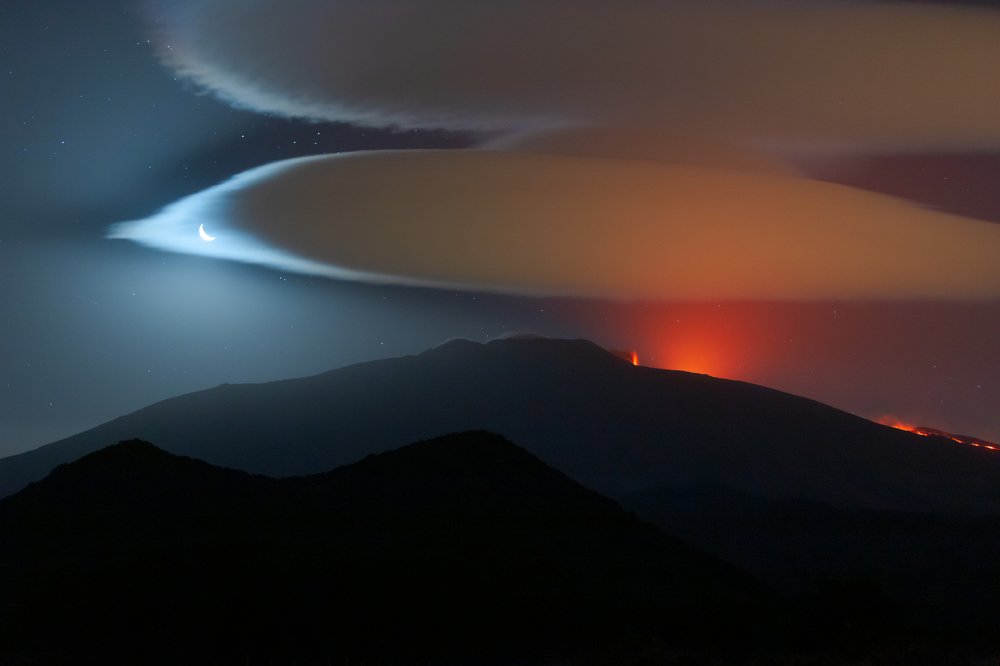 Eartshine Moon  and Lenticular Cloud Over Mount Etna Eruption Unesco World Heritage Site