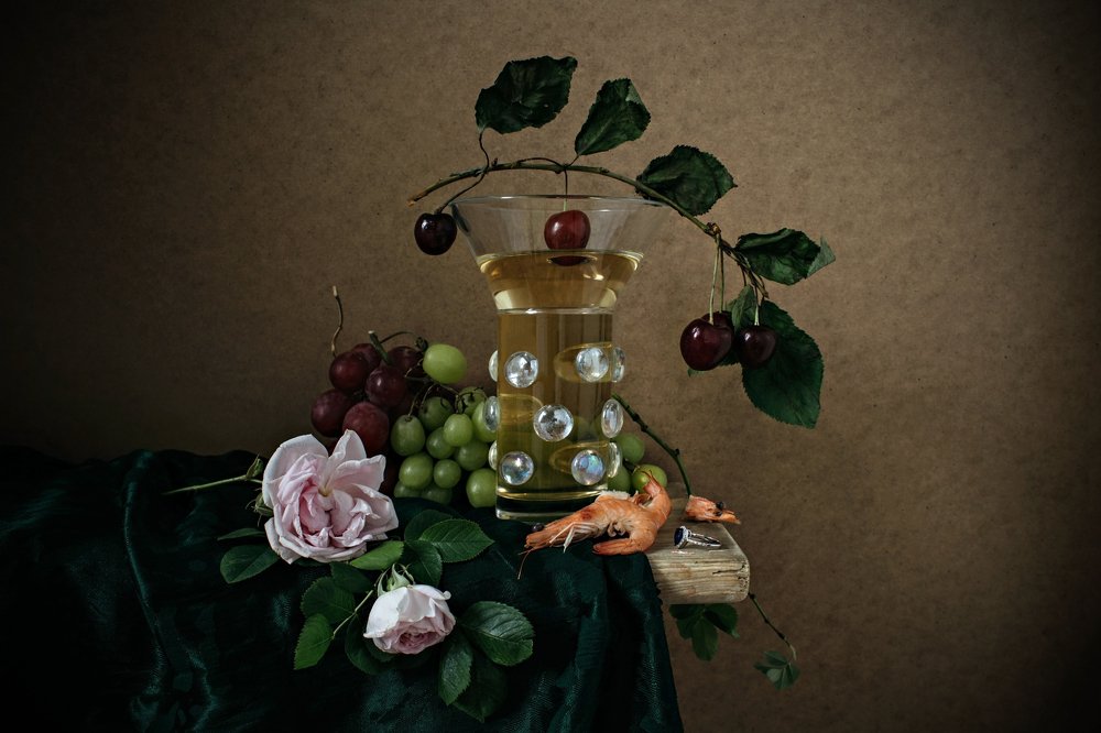 Still life with roses, cherry and prawns